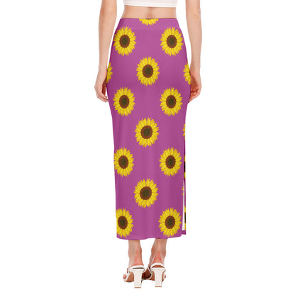 Magenta Pink Sunflower Pattern Print Side Slit Maxi Skirt