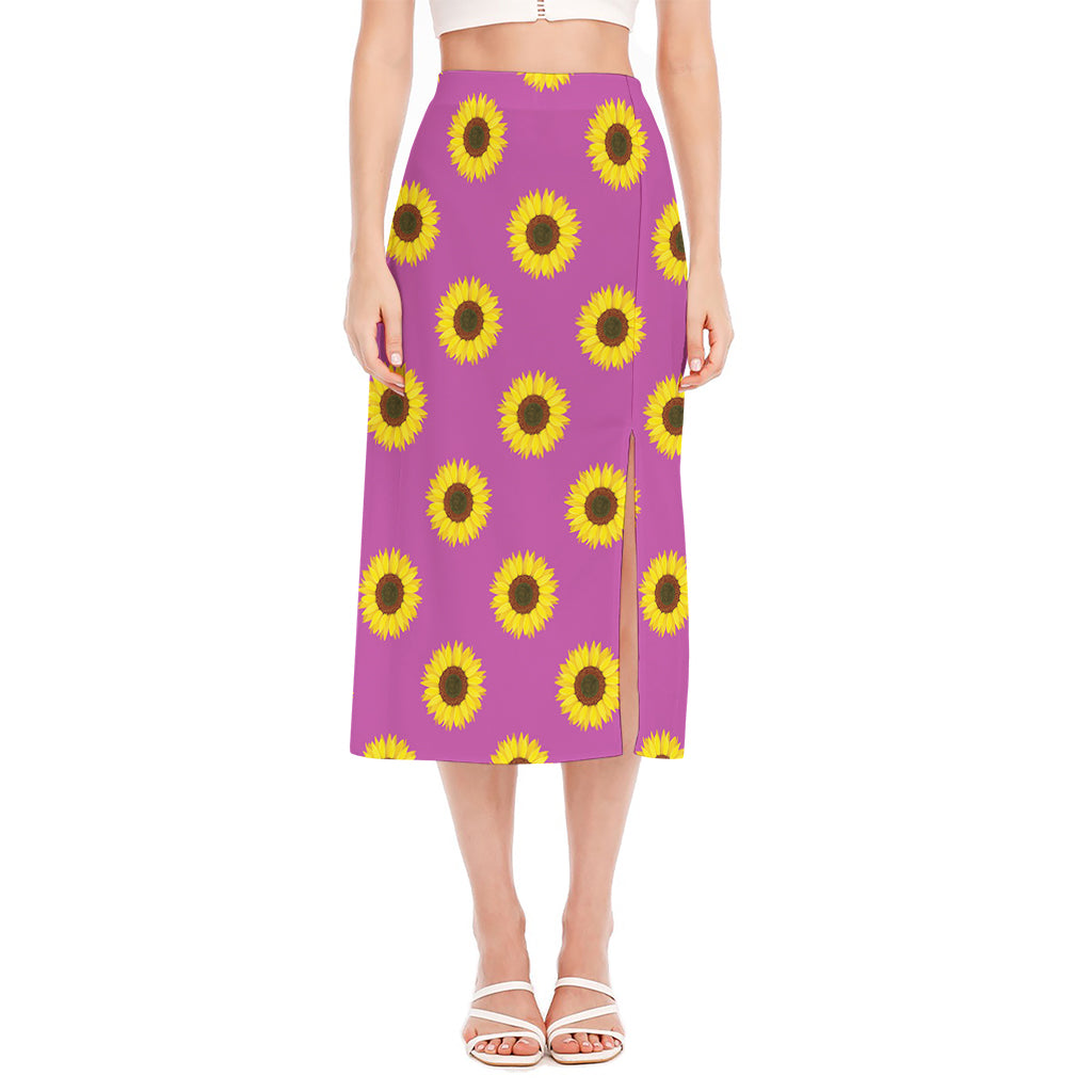 Magenta Pink Sunflower Pattern Print Side Slit Midi Skirt