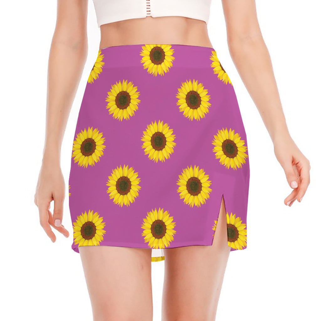 Magenta Pink Sunflower Pattern Print Side Slit Mini Skirt
