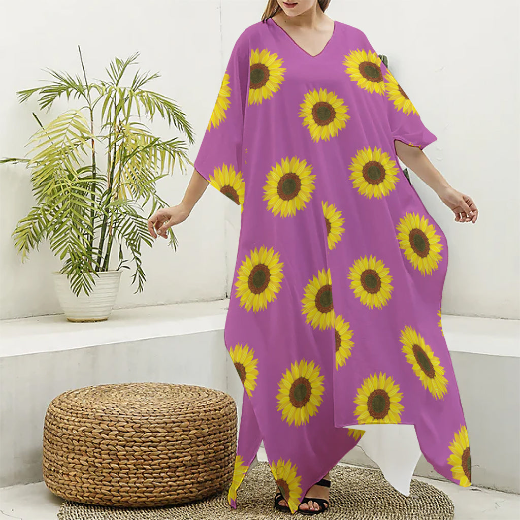 Magenta Pink Sunflower Pattern Print Silk V-Neck Kaftan Dress