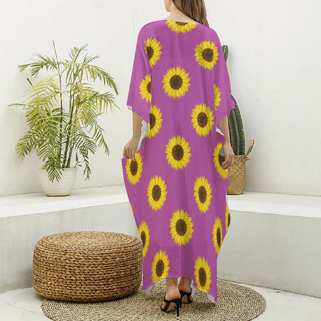 Magenta Pink Sunflower Pattern Print Silk V-Neck Kaftan Dress