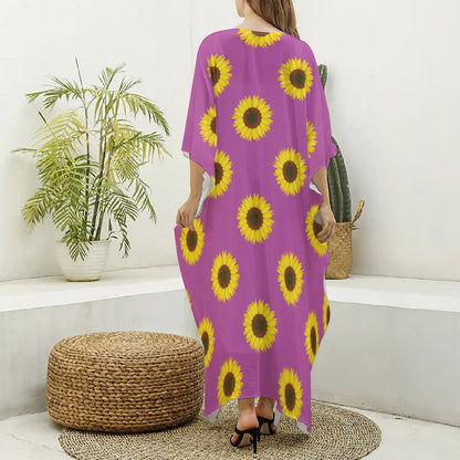 Magenta Pink Sunflower Pattern Print Silk V-Neck Kaftan Dress