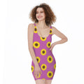 Magenta Pink Sunflower Pattern Print Sleeveless Bodycon Dress