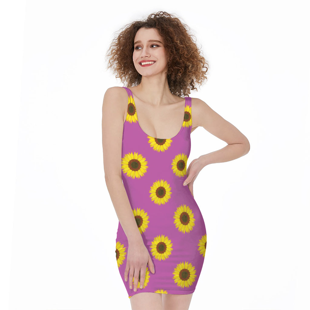 Magenta Pink Sunflower Pattern Print Sleeveless Bodycon Dress