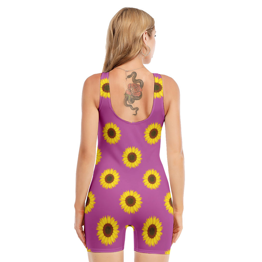 Magenta Pink Sunflower Pattern Print Sleeveless One Piece Swimsuit