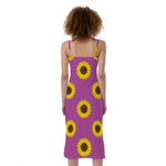 Magenta Pink Sunflower Pattern Print Slim Fit Midi Cami Dress