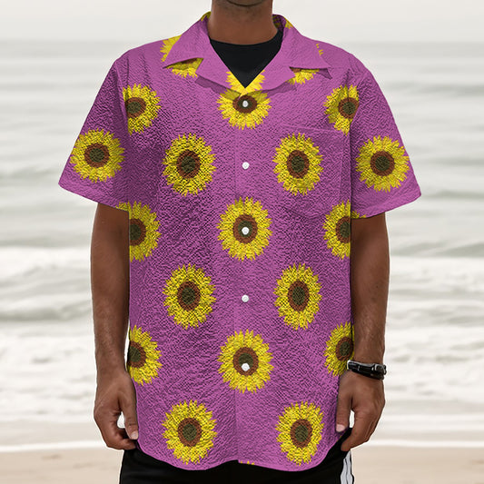 Magenta Pink Sunflower Pattern Print Textured Short Sleeve Shirt