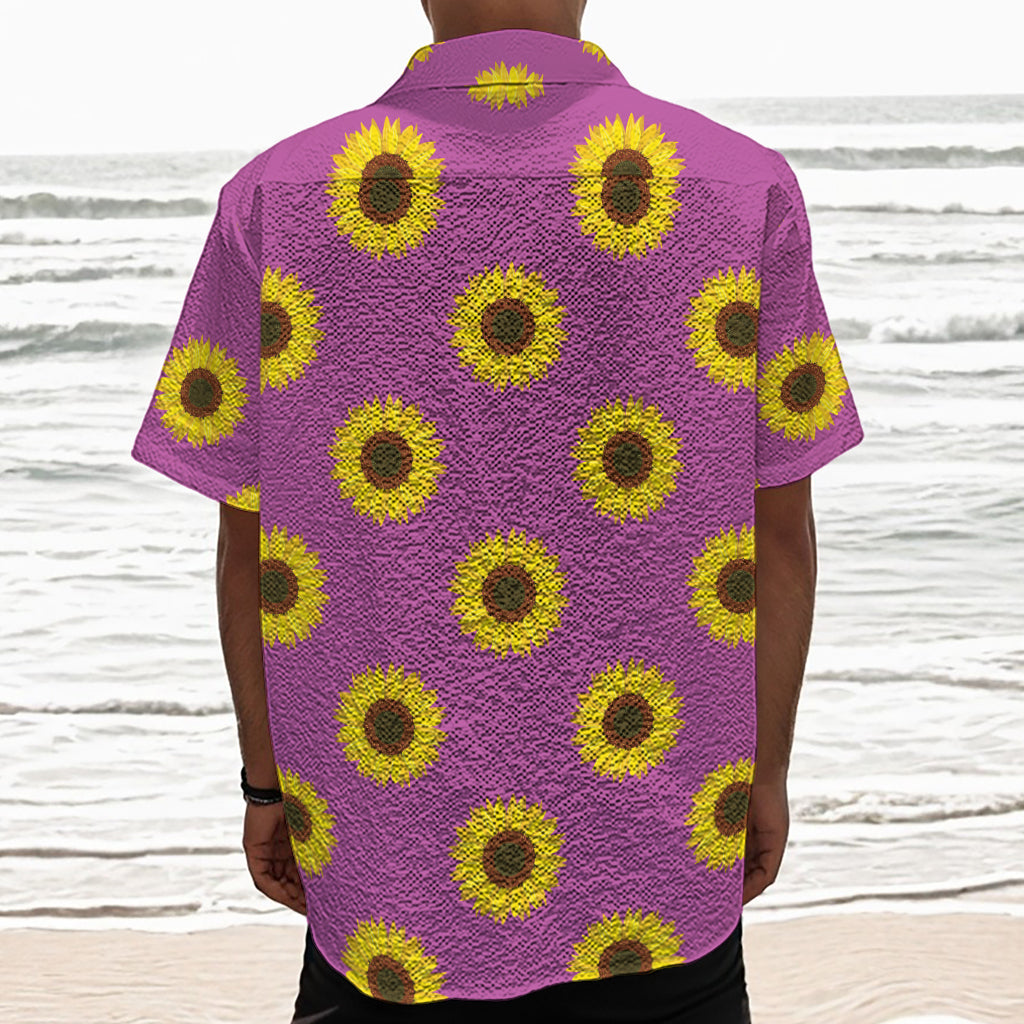 Magenta Pink Sunflower Pattern Print Textured Short Sleeve Shirt