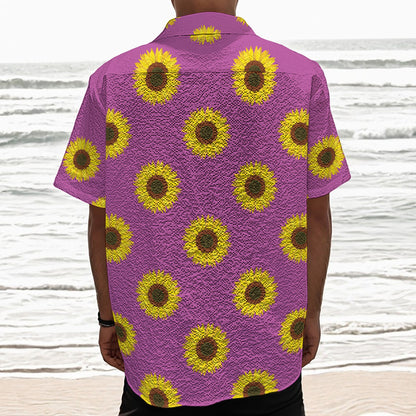 Magenta Pink Sunflower Pattern Print Textured Short Sleeve Shirt