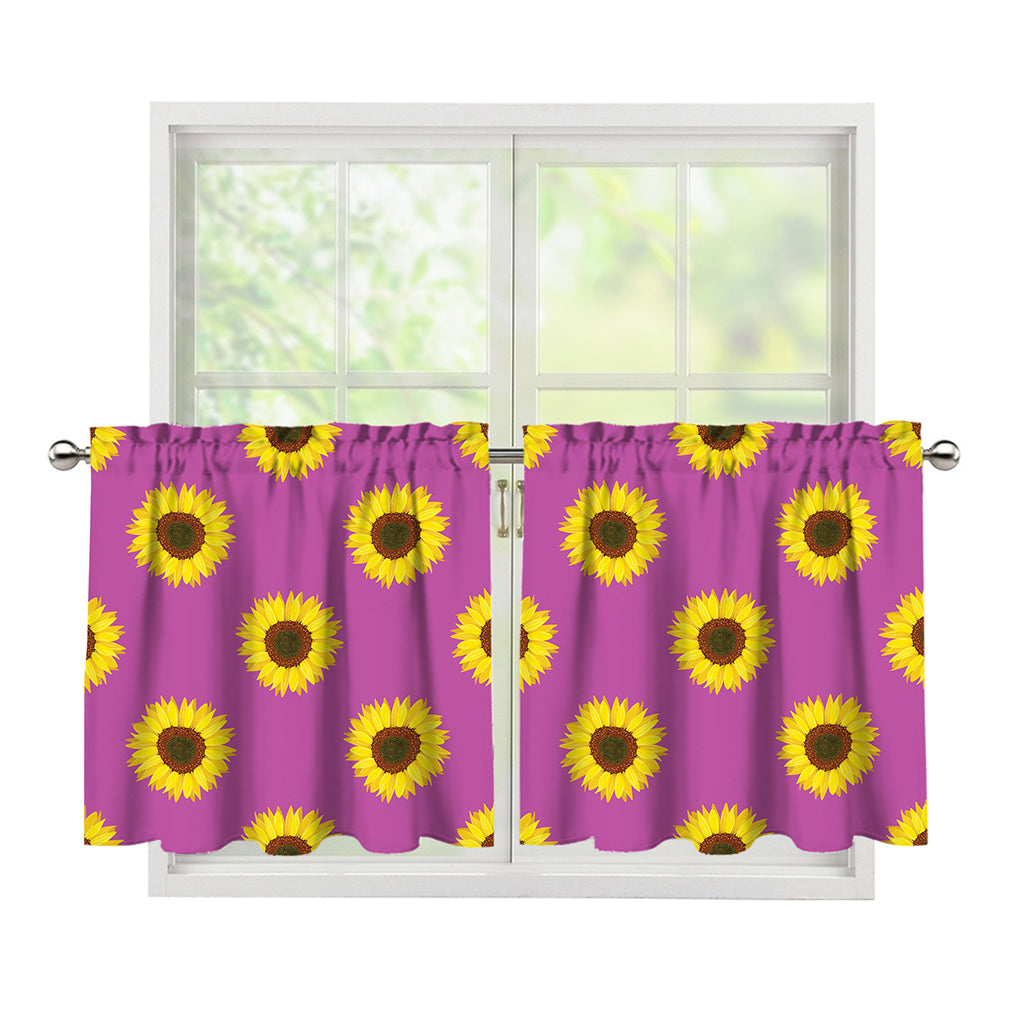 Magenta Pink Sunflower Pattern Print Tier Curtains