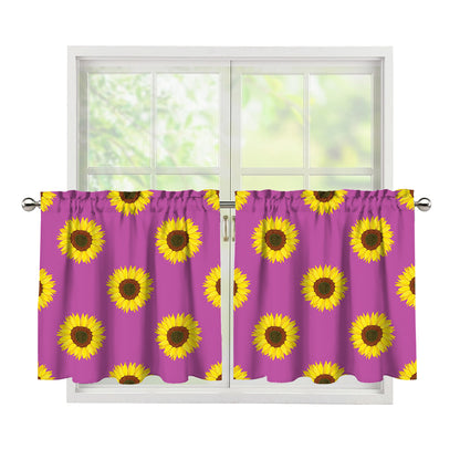 Magenta Pink Sunflower Pattern Print Tier Curtains