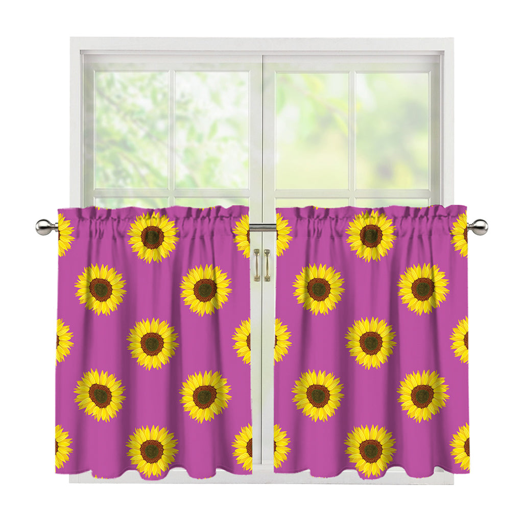 Magenta Pink Sunflower Pattern Print Tier Curtains
