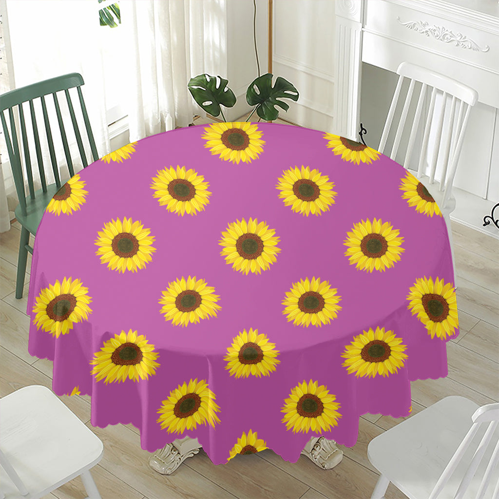 Magenta Pink Sunflower Pattern Print Waterproof Round Tablecloth