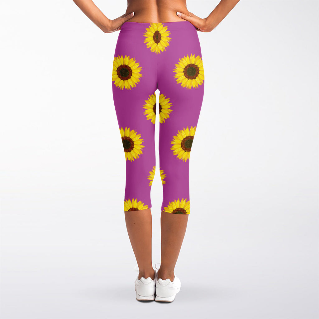 Magenta Pink Sunflower Pattern Print Women's Capri Leggings