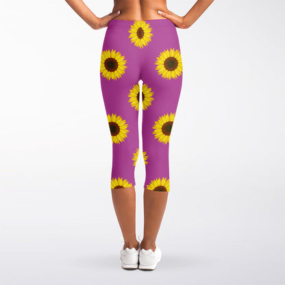 Magenta Pink Sunflower Pattern Print Women's Capri Leggings