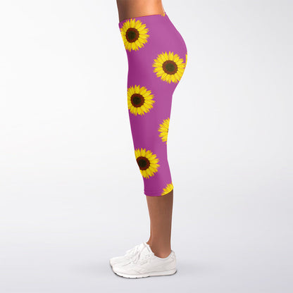 Magenta Pink Sunflower Pattern Print Women's Capri Leggings
