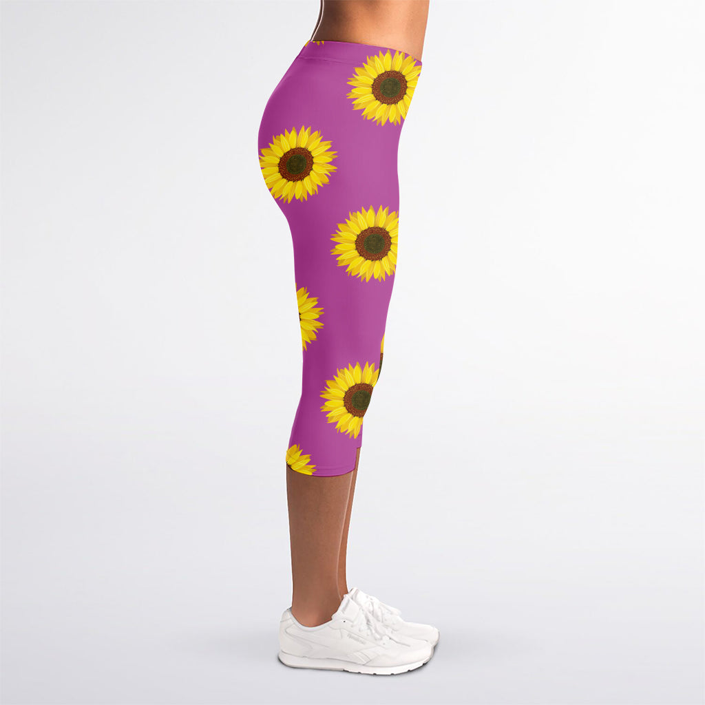 Magenta Pink Sunflower Pattern Print Women's Capri Leggings
