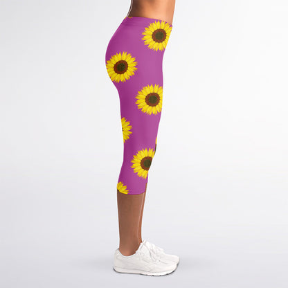 Magenta Pink Sunflower Pattern Print Women's Capri Leggings