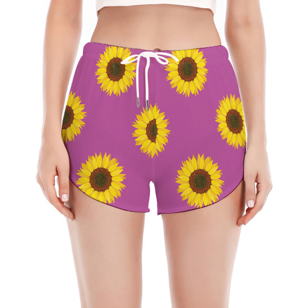 Magenta Pink Sunflower Pattern Print Women's Split Running Shorts