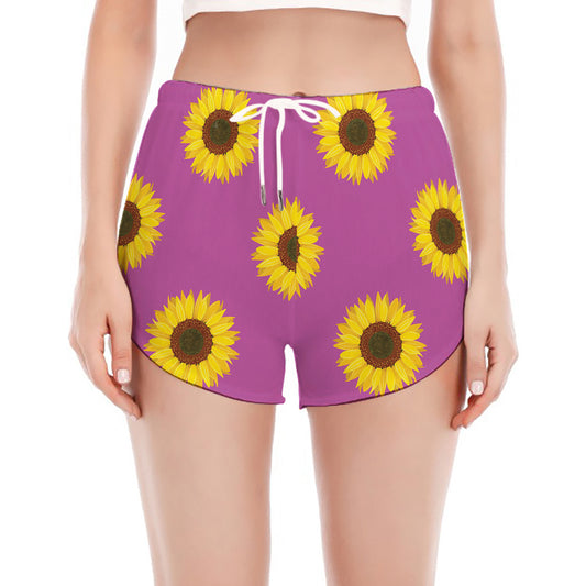 Magenta Pink Sunflower Pattern Print Women's Split Running Shorts