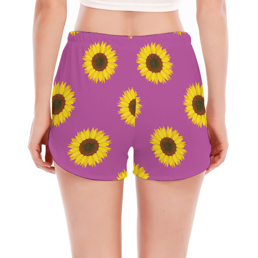 Magenta Pink Sunflower Pattern Print Women's Split Running Shorts