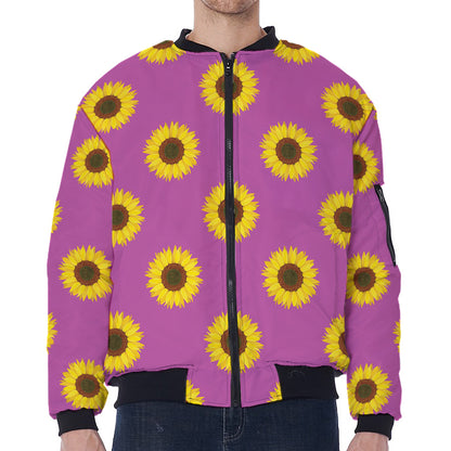 Magenta Pink Sunflower Pattern Print Zip Sleeve Bomber Jacket