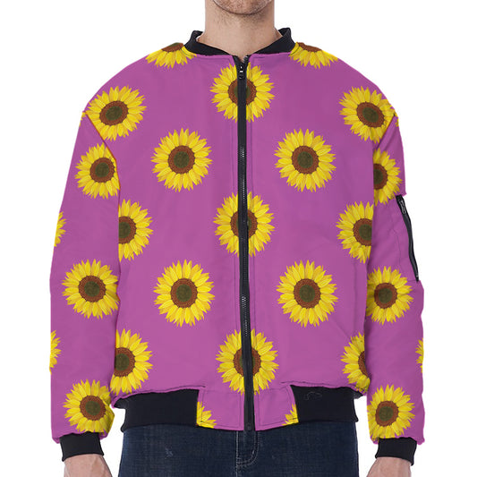 Magenta Pink Sunflower Pattern Print Zip Sleeve Bomber Jacket