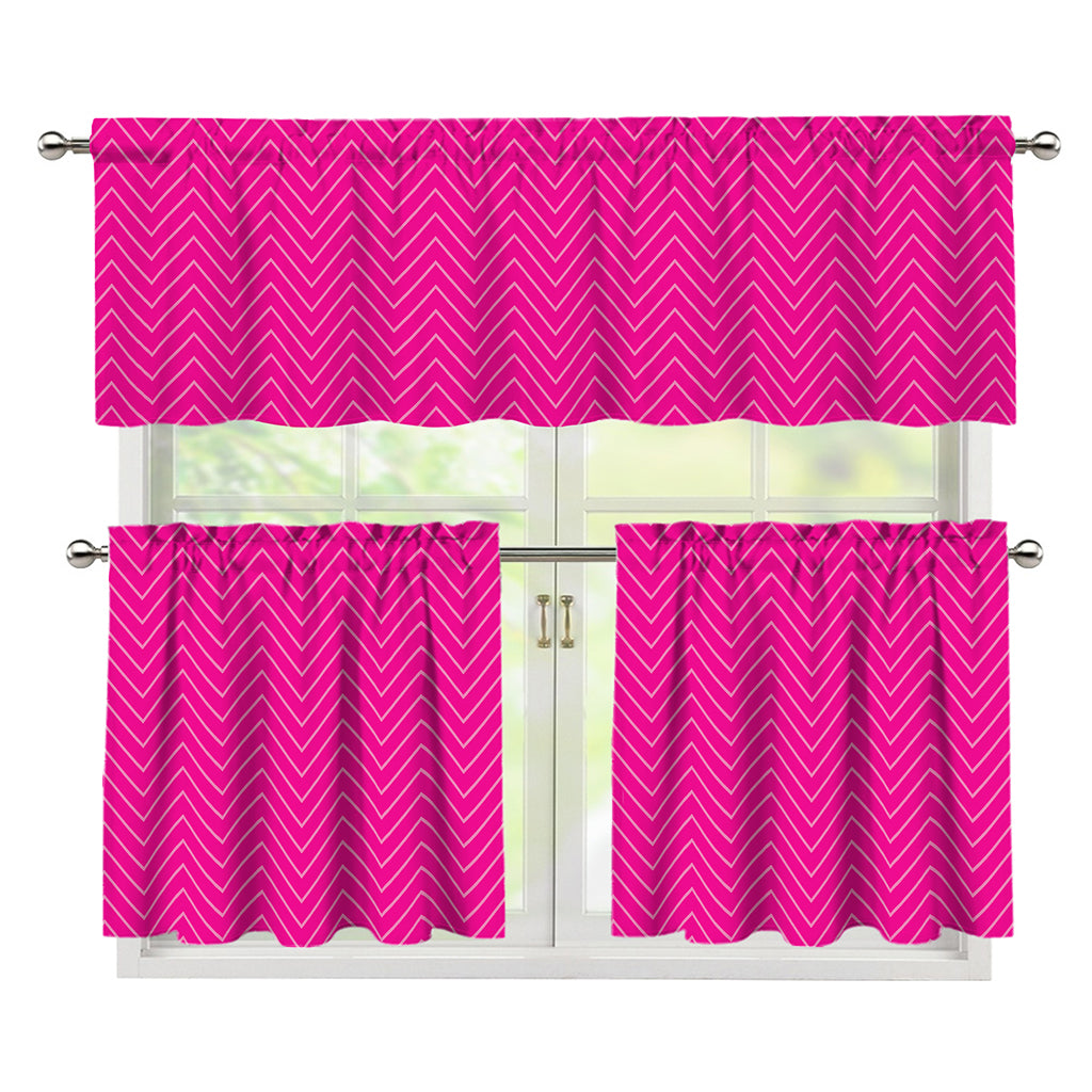 Magenta Pink Zigzag Pattern Print 3 Piece Kitchen Curtains