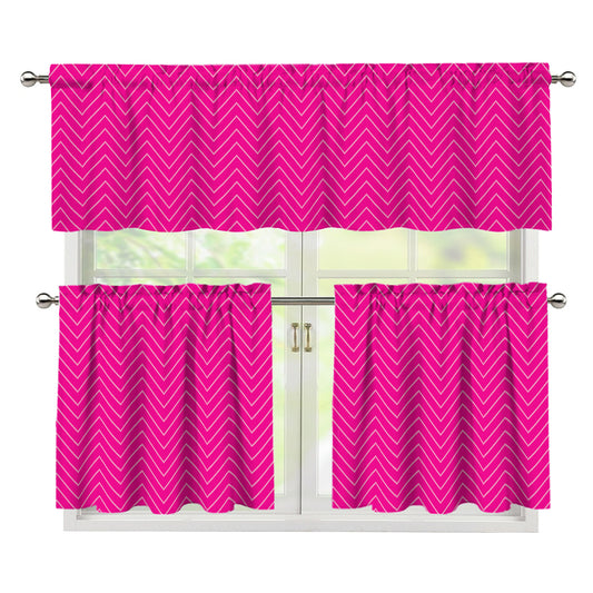 Magenta Pink Zigzag Pattern Print 3 Piece Kitchen Curtains