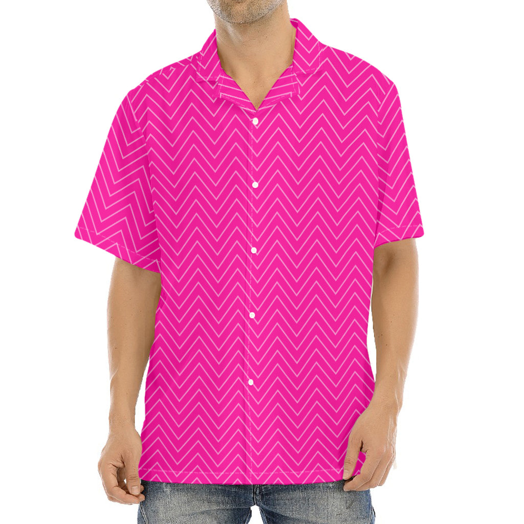 Magenta Pink Zigzag Pattern Print Aloha Shirt