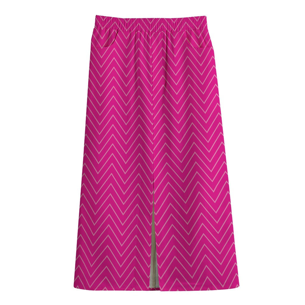 Magenta Pink Zigzag Pattern Print Cotton Front Slit Maxi Skirt