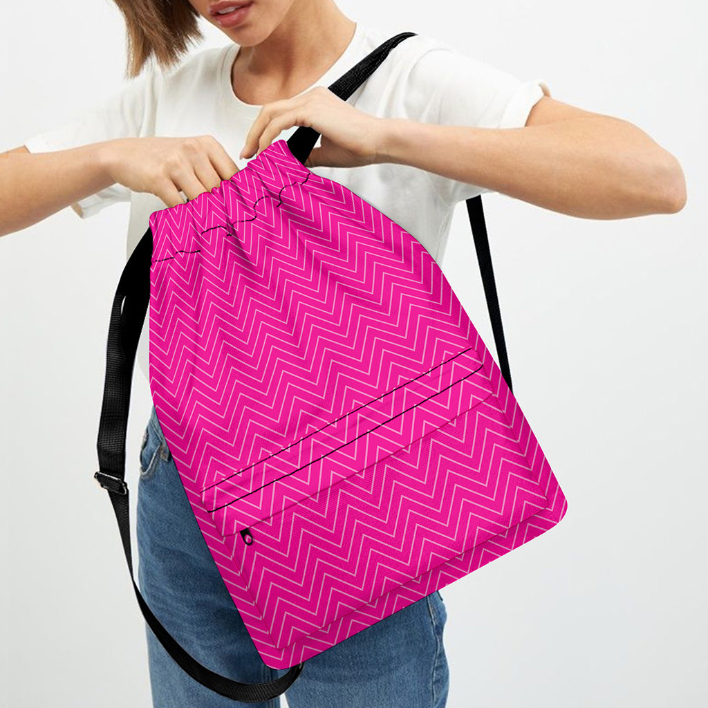 Magenta Pink Zigzag Pattern Print Drawstring Backpack