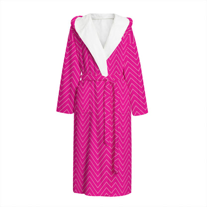 Magenta Pink Zigzag Pattern Print Hooded Bathrobe