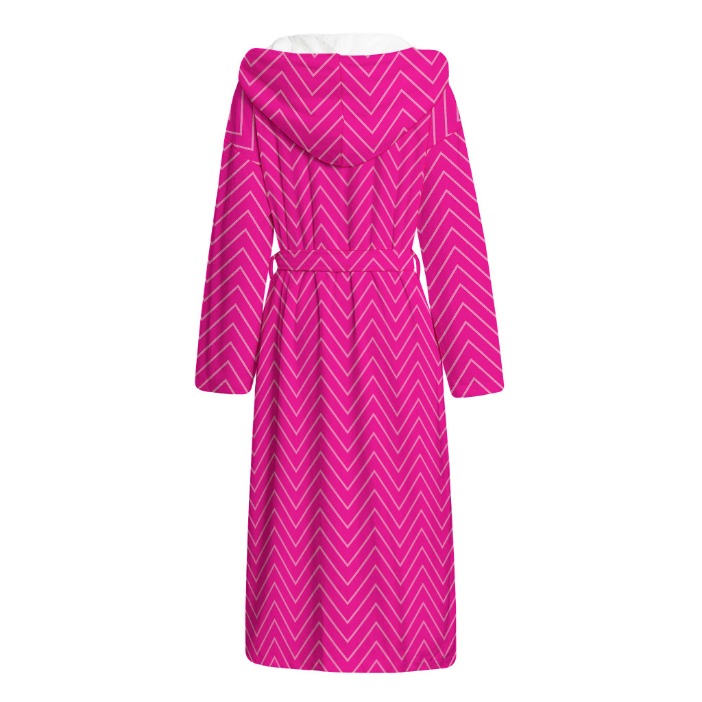 Magenta Pink Zigzag Pattern Print Hooded Bathrobe
