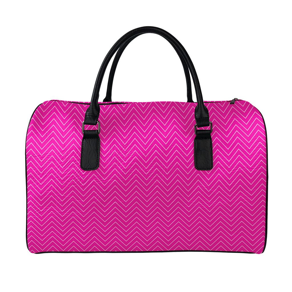 Magenta Pink Zigzag Pattern Print Leather Duffle Bag