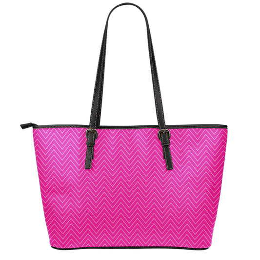 Magenta Pink Zigzag Pattern Print Leather Tote Bag