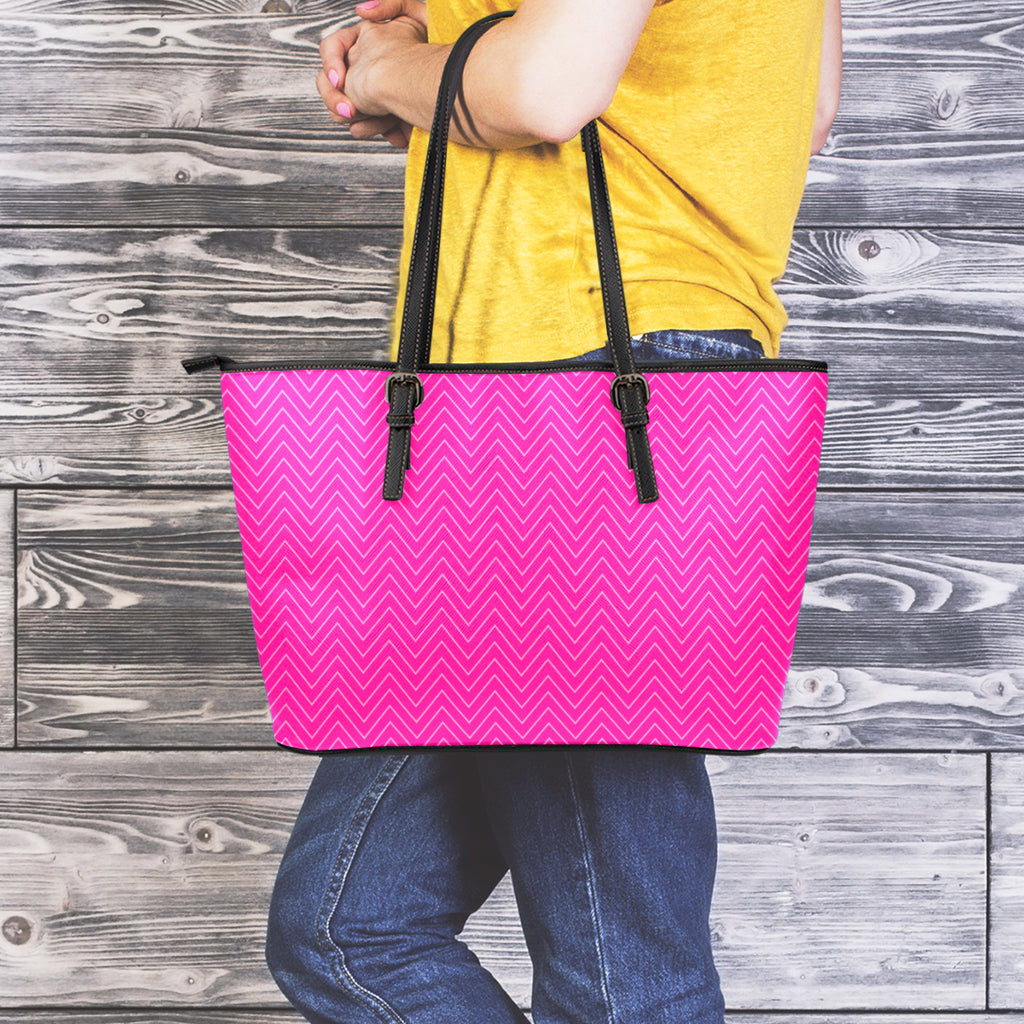 Magenta Pink Zigzag Pattern Print Leather Tote Bag