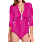 Magenta Pink Zigzag Pattern Print Long Sleeve Swimsuit