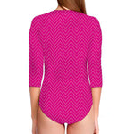 Magenta Pink Zigzag Pattern Print Long Sleeve Swimsuit