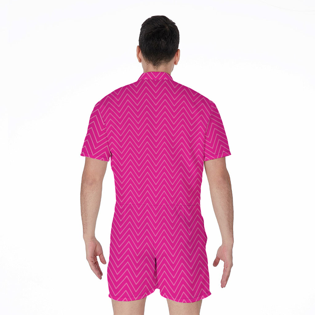 Magenta Pink Zigzag Pattern Print Men's Rompers