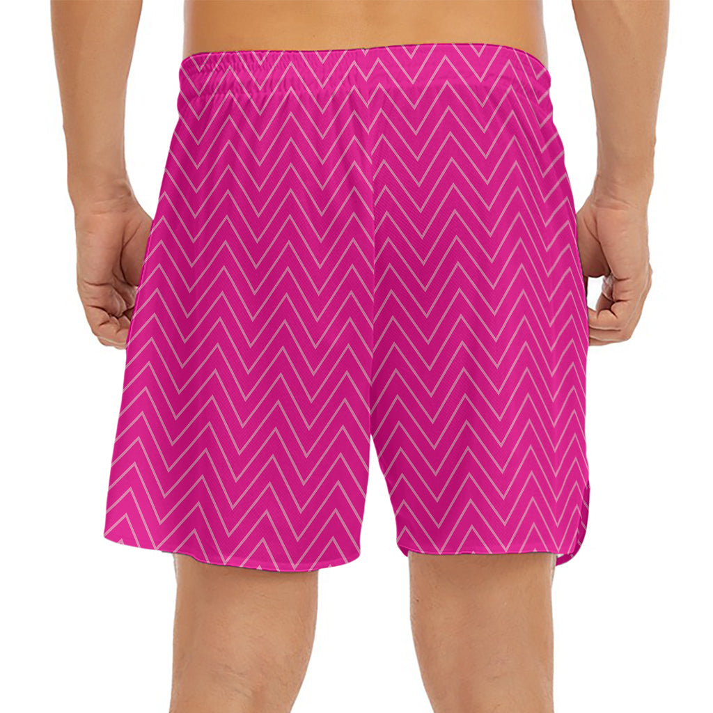 Magenta Pink Zigzag Pattern Print Men's Split Running Shorts