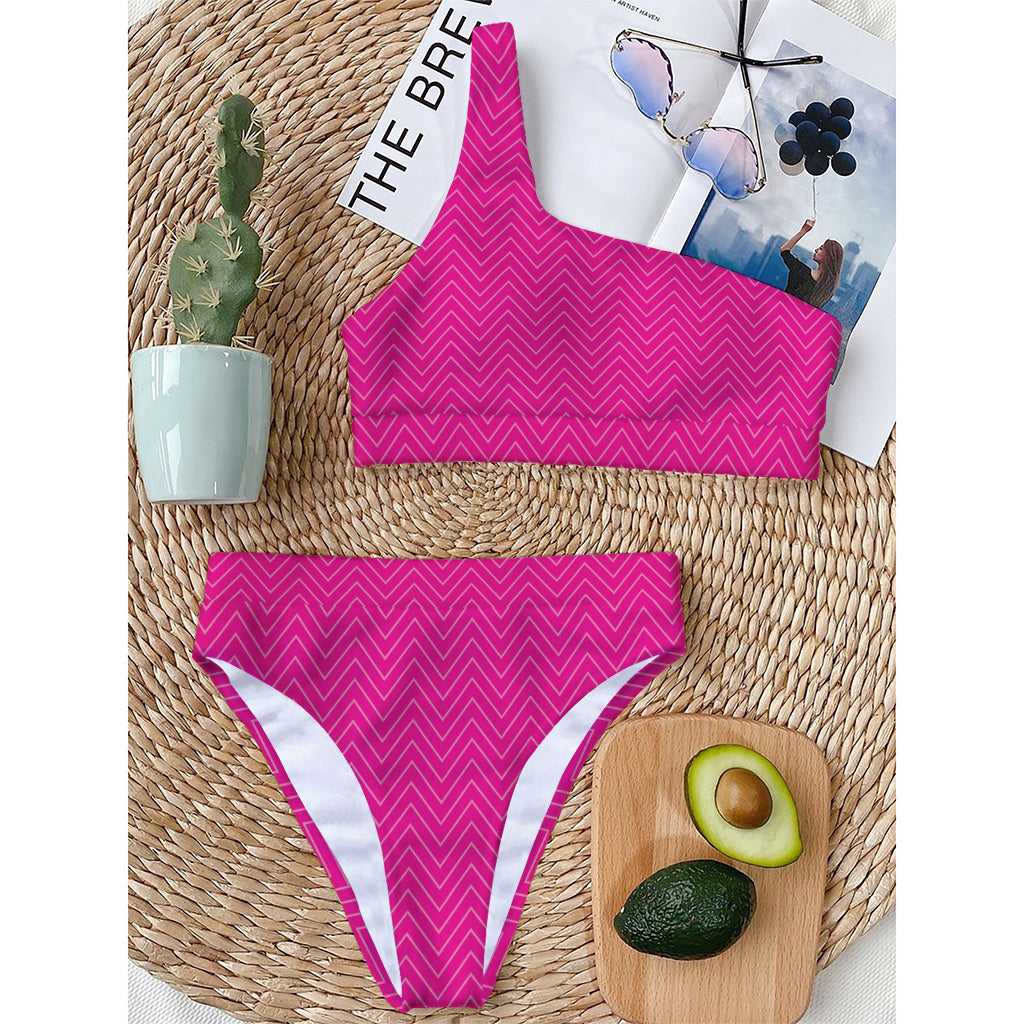 Magenta Pink Zigzag Pattern Print One Shoulder Bikini Top