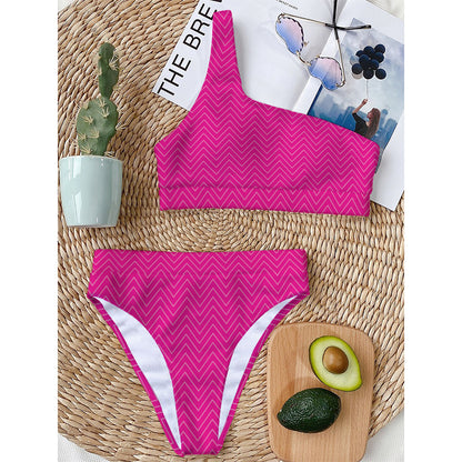 Magenta Pink Zigzag Pattern Print One Shoulder Bikini Top