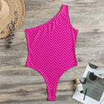 Magenta Pink Zigzag Pattern Print One Shoulder Bodysuit