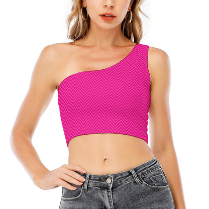 Magenta Pink Zigzag Pattern Print One Shoulder Crop Top