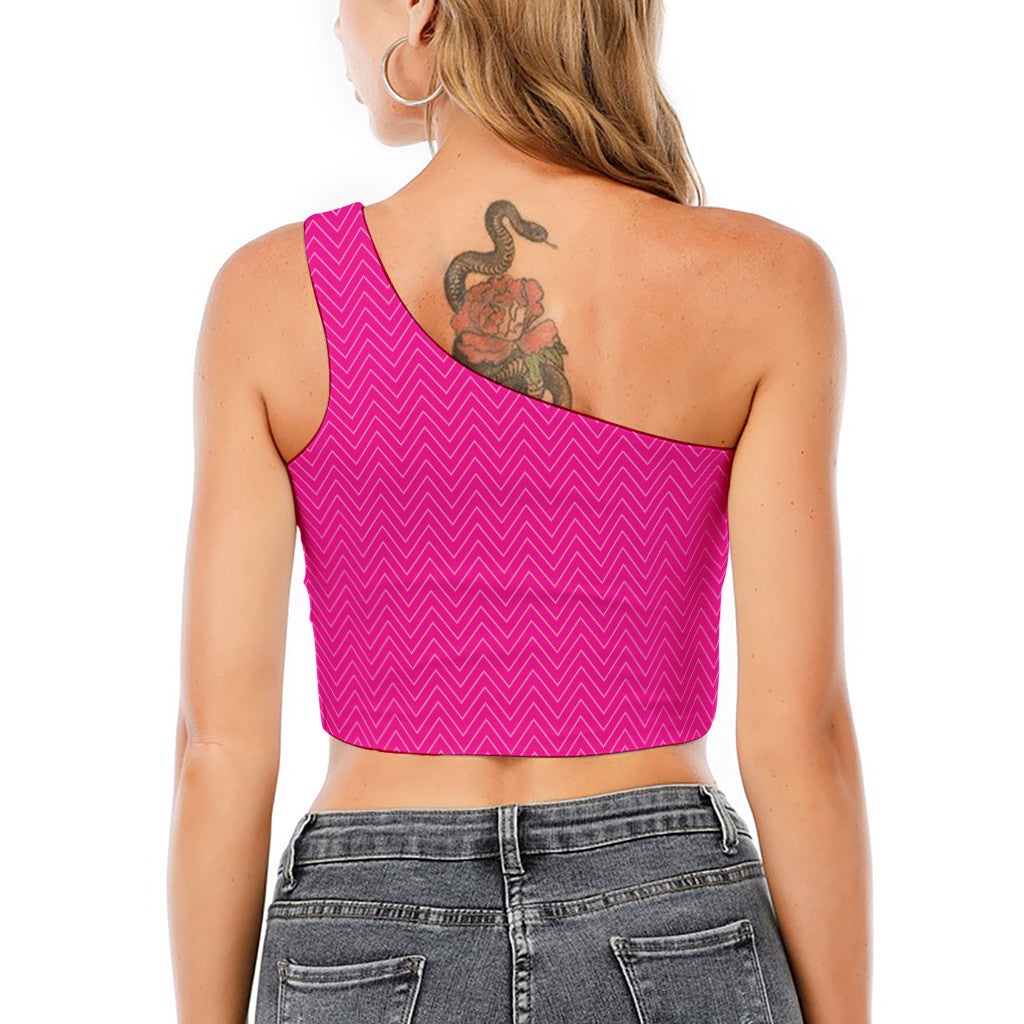Magenta Pink Zigzag Pattern Print One Shoulder Crop Top