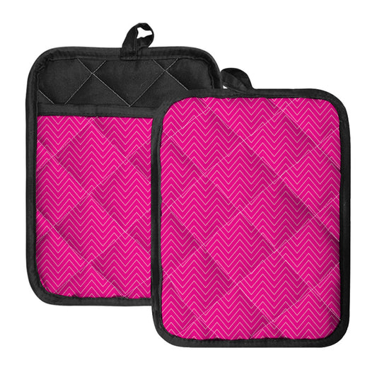 Magenta Pink Zigzag Pattern Print Pot Holders With Pocket