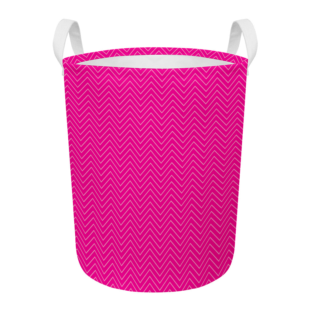 Magenta Pink Zigzag Pattern Print Round Laundry Basket