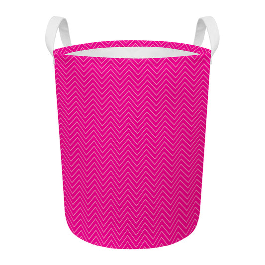 Magenta Pink Zigzag Pattern Print Round Laundry Basket
