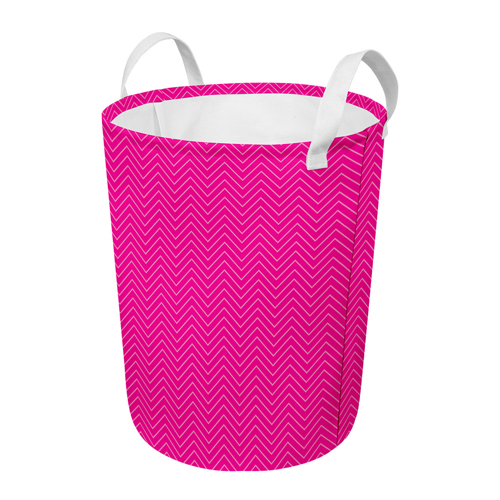 Magenta Pink Zigzag Pattern Print Round Laundry Basket